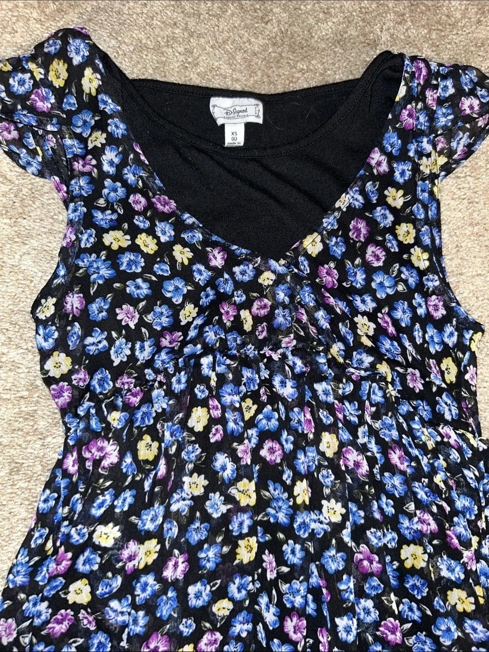 Disney Black Floral Dress with Purple, Blue & Yellow Flowers
